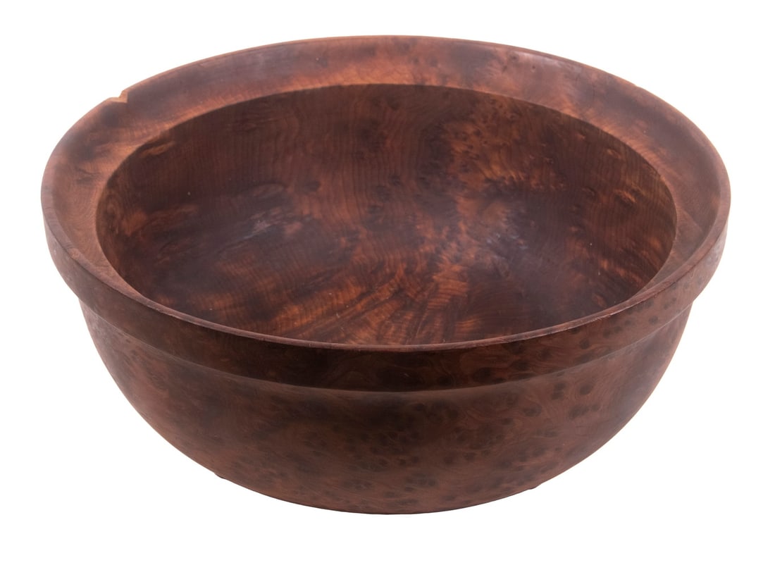 TURNED REDWOOD BOWL: TURNED REDWOOD BOWLLarge Vintage Wooden Bowl of redwood burl, with nicely grained surface, having a raised rim edge and shaped lip, defined foot, unsigned, 6 1/4" high, 15" diam. Rim chip with 1" crac