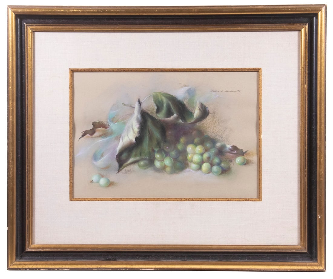 LOUISE E. MARIANETTI (RI/NY, 1916-2009): LOUISE E. MARIANETTI (RI/NY, 1916-2009)Still Life of Grapes with Autumn Leaves, pastel on grey paper, signed upper right, in black and gold molded cove frame, linen mat, under plexi, OS: 19" x 23", SS