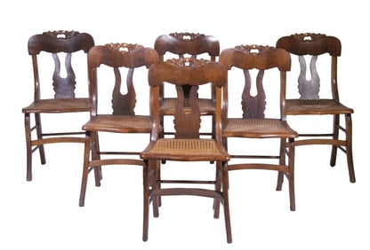 CANE SEAT SIDE CHAIRS WITH CARVED CRESTS