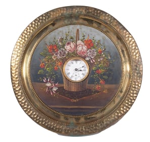 BRASS ROUND FLORAL PAINTED NOVELTY CLOCK