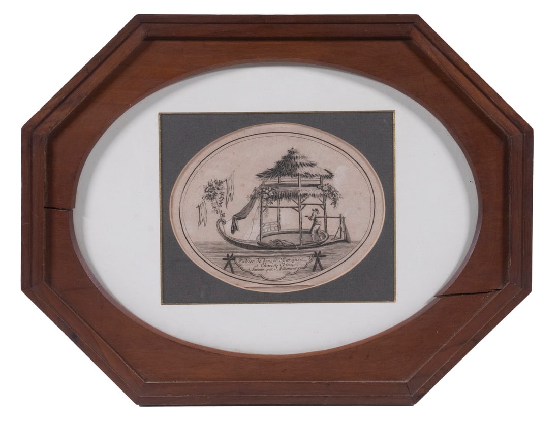 JEAN-BAPTISTE PILLEMENT (FRANCE, 1728-1808): JEAN-BAPTISTE PILLEMENT (FRANCE, 1728-1808)"Cahier de douzes Barquea et Chariots Chinois", etching on paper, signed in cartouche, oval format print in octagonal mahogay panel frame. 11" x 14 1/2".