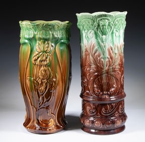 (2) ART NOUVEAU MAJOLICA UMBRELLA STANDS