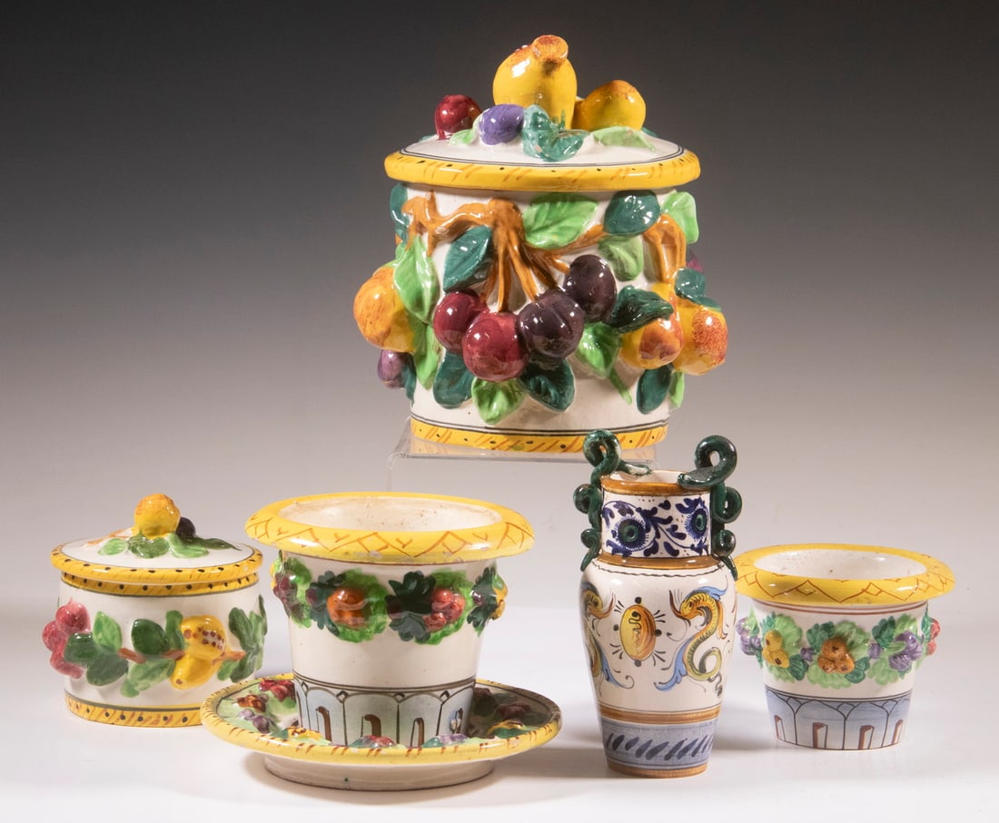 VINTAGE ITALIAN MAIOLICA POTTERY: VINTAGE ITALIAN MAIOLICA POTTERY(5) Pieces of Italian Tin Glazed Ceramic Accessories, purchased in Florence in 1926, incl: Lidded biscuit jar, with raised fruit decoration, marked B, "80, Made in Ital