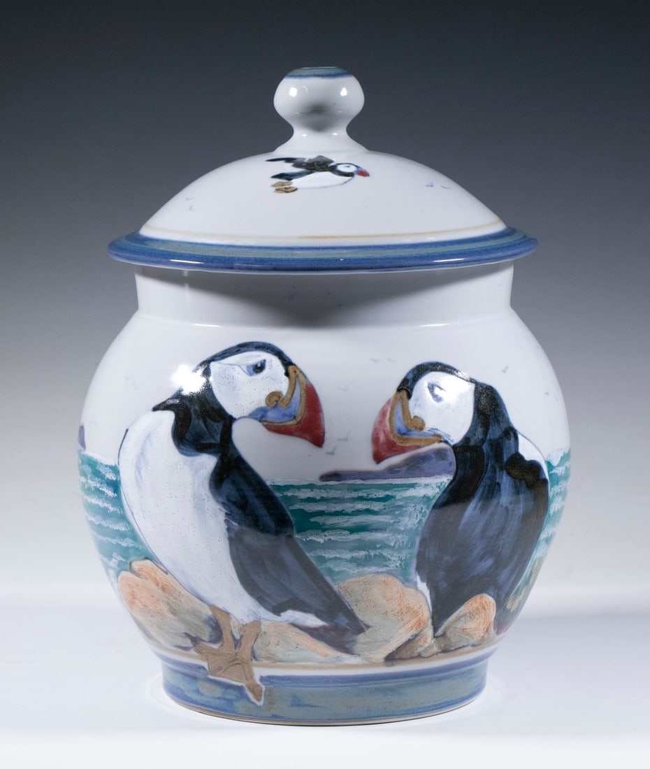 HIGHLAND STONEWARE, SCOTLAND PUFFIN JAR: HIGHLAND STONEWARE, SCOTLAND PUFFIN JARContemporary Hand Painted Glazed Pottery Lidded Jar, made in the North West Highlands of Scotland by Highland Stoneware, depicting puffins in sea side surroundin
