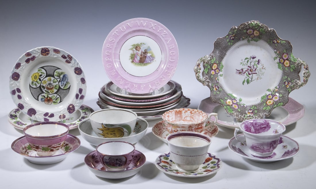 (25 PCS) EARLY ENGLISH CHINA: (25 PCS) EARLY ENGLISH CHINAAssorted 19th c. English Ceramic Ware, incl: (8) Transferware plates with lustre rims, 6 3/4" to 9" diam.; (1) Sunderland lustre plate with printed verse, 7 7/8" diam.; (3)