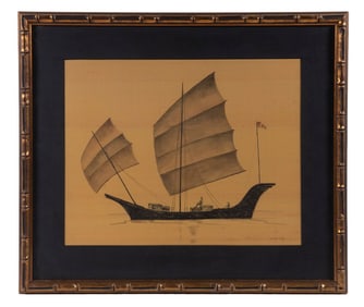 DRAWING OF CHINESE JUNK SIGNED SIMMONS