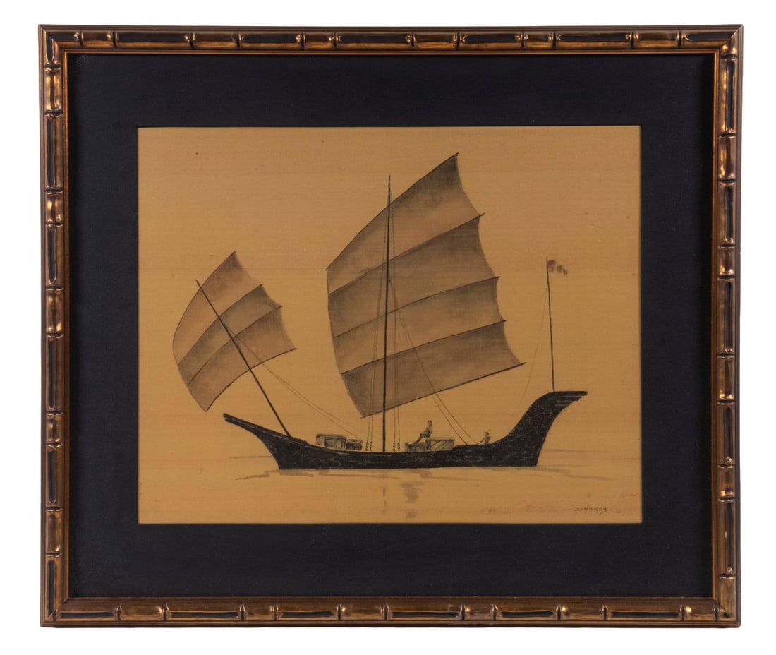 DRAWING OF CHINESE JUNK SIGNED SIMMONS: DRAWING OF CHINESE JUNK SIGNED SIMMONSInk on silk, in gold carved faux bamboo fraem with black mat, under glass, OS: 20 1/2" x 24", SS: 13 1/2" x 17".