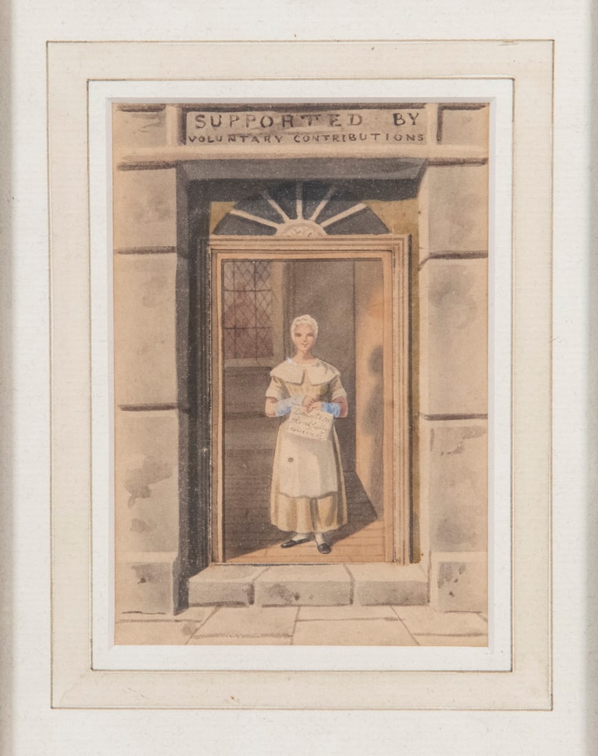 19TH C. WATERCOLOR: 19TH C. WATERCOLORDepicting Young Girl standing in doorway below sign that reads 'Supported by Voluntary Contributions'. She also holds a piece of paper that reads 'Donations thankfully received', pro