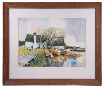 SIGNED BOATHOUSE WATERCOLOR