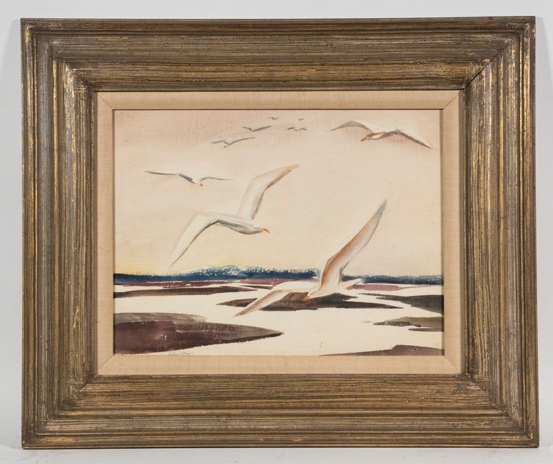 RICHARD ALBANY (20TH C. AMERICAN): RICHARD ALBANY (20TH C. AMERICAN)Seagulls in Flight above Wetlands, watercolor on Arches paper, signed and dated "45 lower left, in fatigued molded frame with linen liner, glazed, OS: 20" x 24", SS: 1