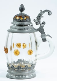 PEWTER MOUNTED BLOWN GLASS STEIN