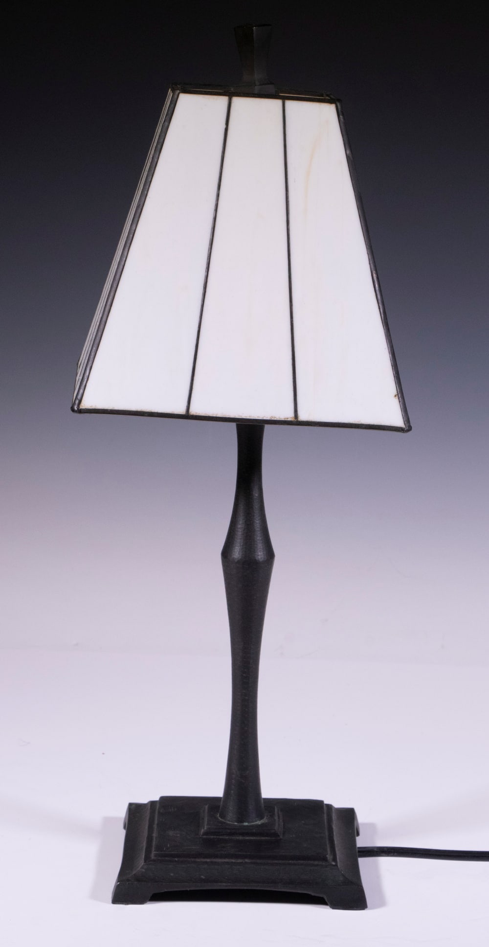 BLACK METAL LAMP WITH PANELED SHADE (1 of 4)