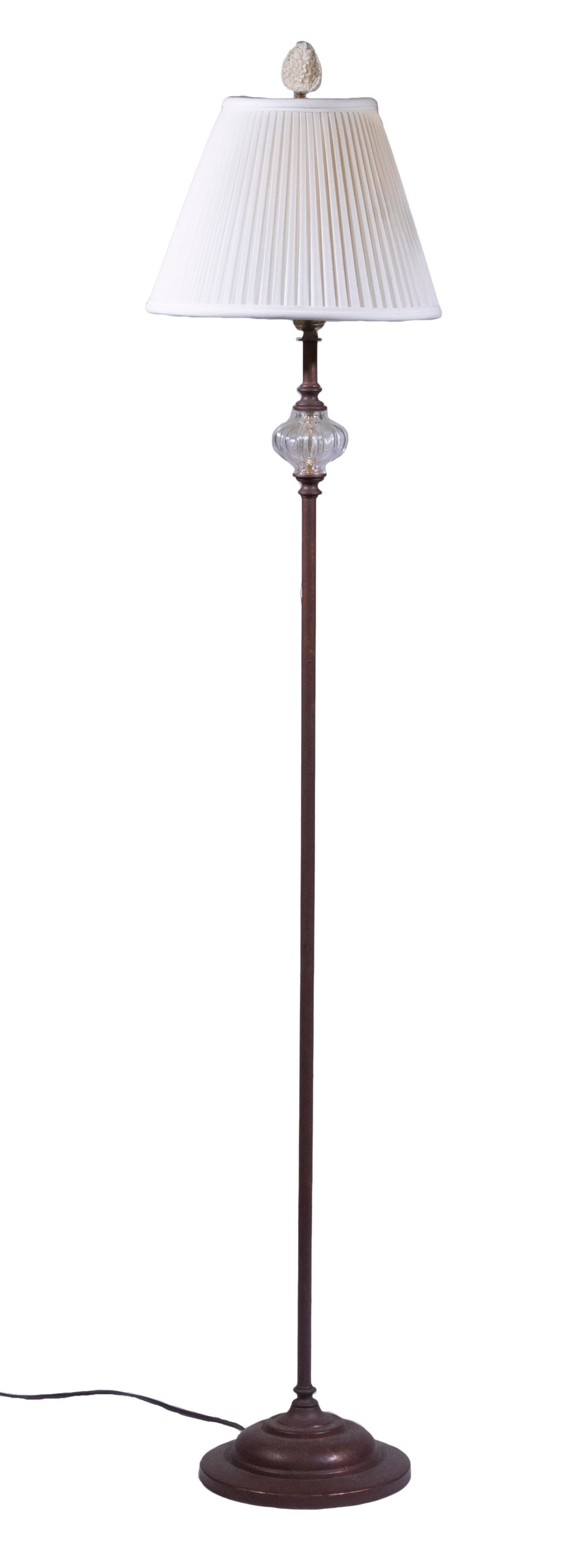 MODERN FLOOR LAMP: MODERN FLOOR LAMPCopper Finish Lamp, havintg a metal stem with clear glass insert, set on a round base, with shade and finial, 62 1/2" high, 10" diam. base. Shade interior tears.