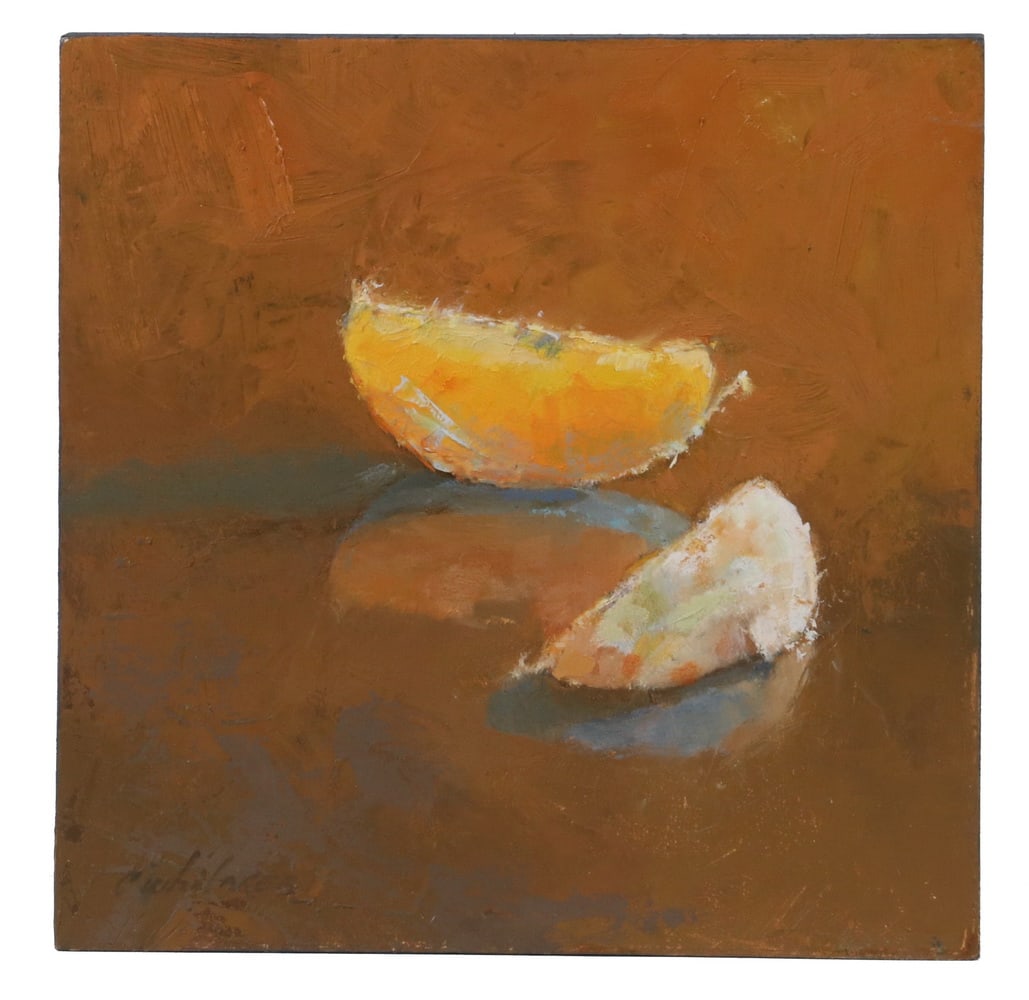 CAROLYN WHITAKER (ME/CA,1949-2018): CAROLYN WHITAKER (ME/CA,1949-2018) A Study of Orange Wedges, oil on hardboard, signed lower left, unframed, black painted edge, 6" square. Fine condition.