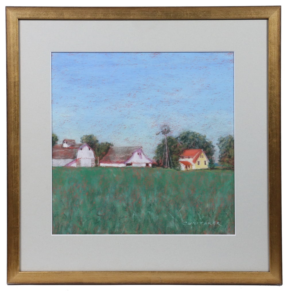 CAROLYN WHITAKER (ME/CA,1949-2018): CAROLYN WHITAKER (ME/CA,1949-2018) Small Town Farm with Windmill, pastel on paper, signed lower right, in a quarter-round Dutch gold frame, matted under UV glass, OS: 17 1/2" x 17 1/4", SS: 11 1/2"