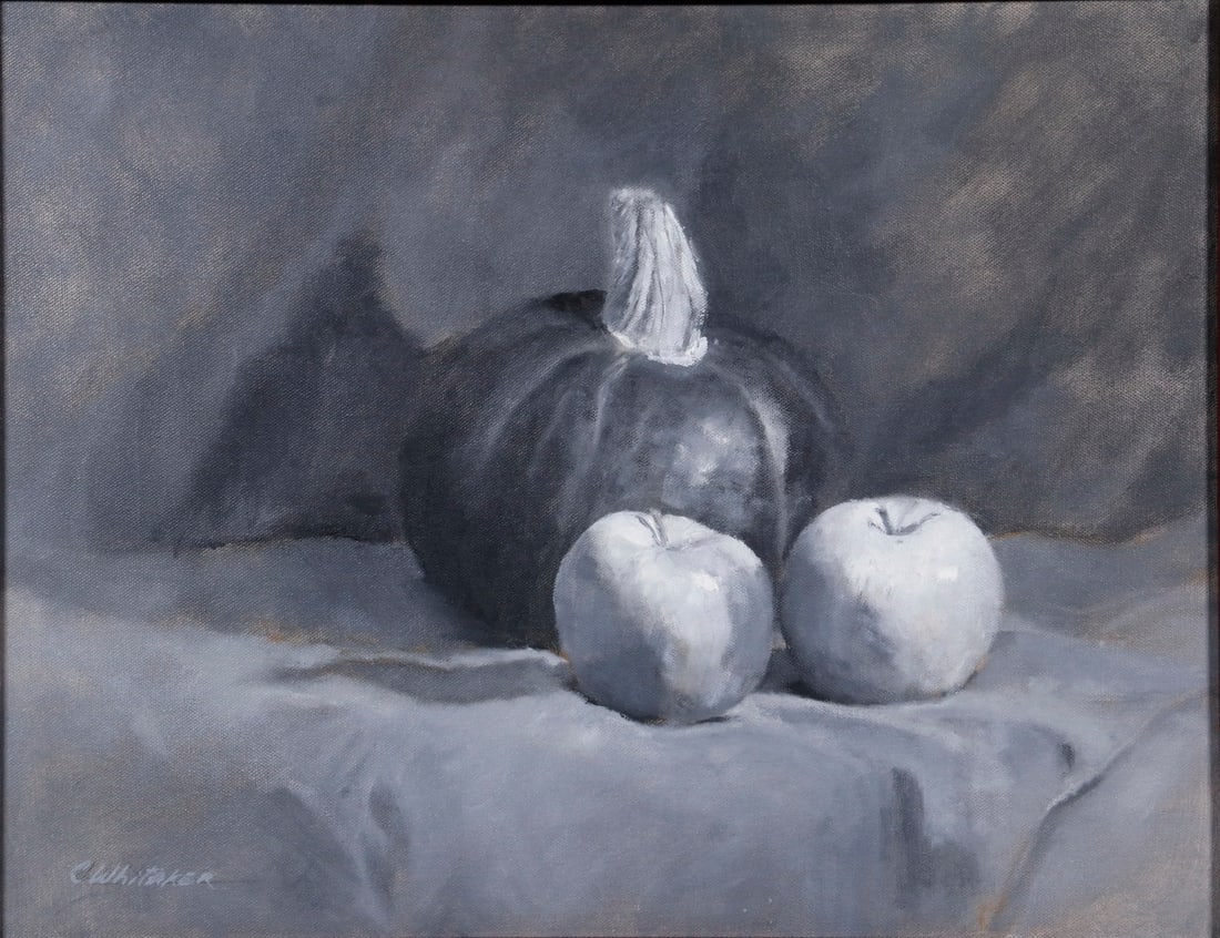 CAROLYN WHITAKER (ME/CA,1949-2018): CAROLYN WHITAKER (ME/CA,1949-2018) "Batwing Shadows", oil on canvas, signed lower left, titled verso, a study in black and white of a pumpkin and two apples, housed in a molded panel mahogany frame,