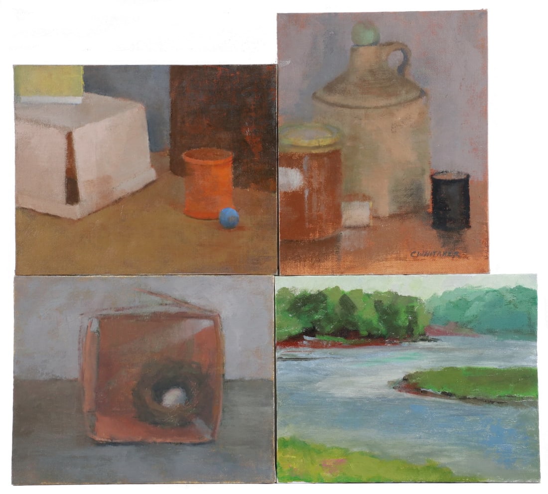 (4) CAROLYN WHITAKER (ME/CA,1949-2018) PAINTINGS: (4) CAROLYN WHITAKER (ME/CA,1949-2018) PAINTINGS Group of (4) Assorted Studies, oil on canvas board, one signed lower right, incl: Still life of jug and jars, 10" x 8"; Still life with spool, ball