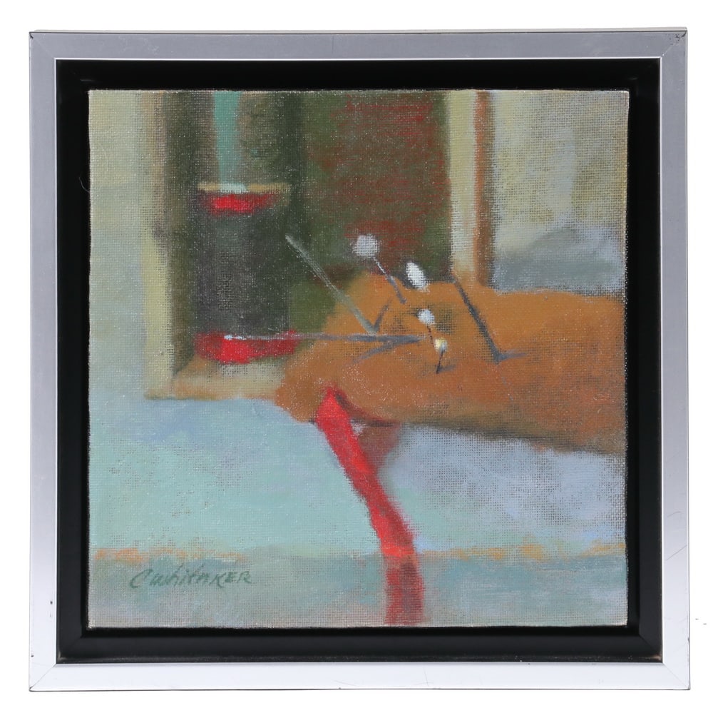 CAROLYN WHITAKER (ME/CA,1949-2018): CAROLYN WHITAKER (ME/CA,1949-2018) Pin Cushion, oil on hardboard, signed lower left, housed in a silver edged black box frame with shadowline, OS: 9 3/4" square, SS: 8" square. Fine condition.