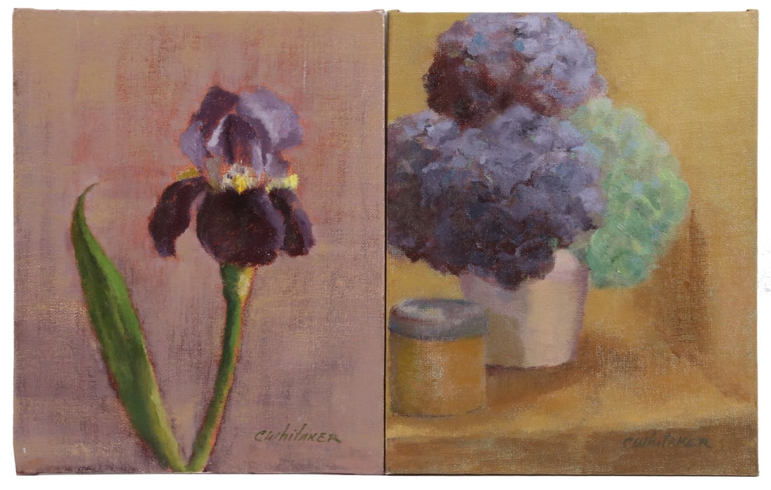 (2) CAROLYN WHITAKER (ME/CA,1949-2018) PAINTINGS: (2) CAROLYN WHITAKER (ME/CA,1949-2018) PAINTINGS (2) Floral Still Lifes, oil on canvas panel, signed lower right and verso, incl: Potted hydrangea, dated 2009 verso; and Purple iris; unframed, 10" x