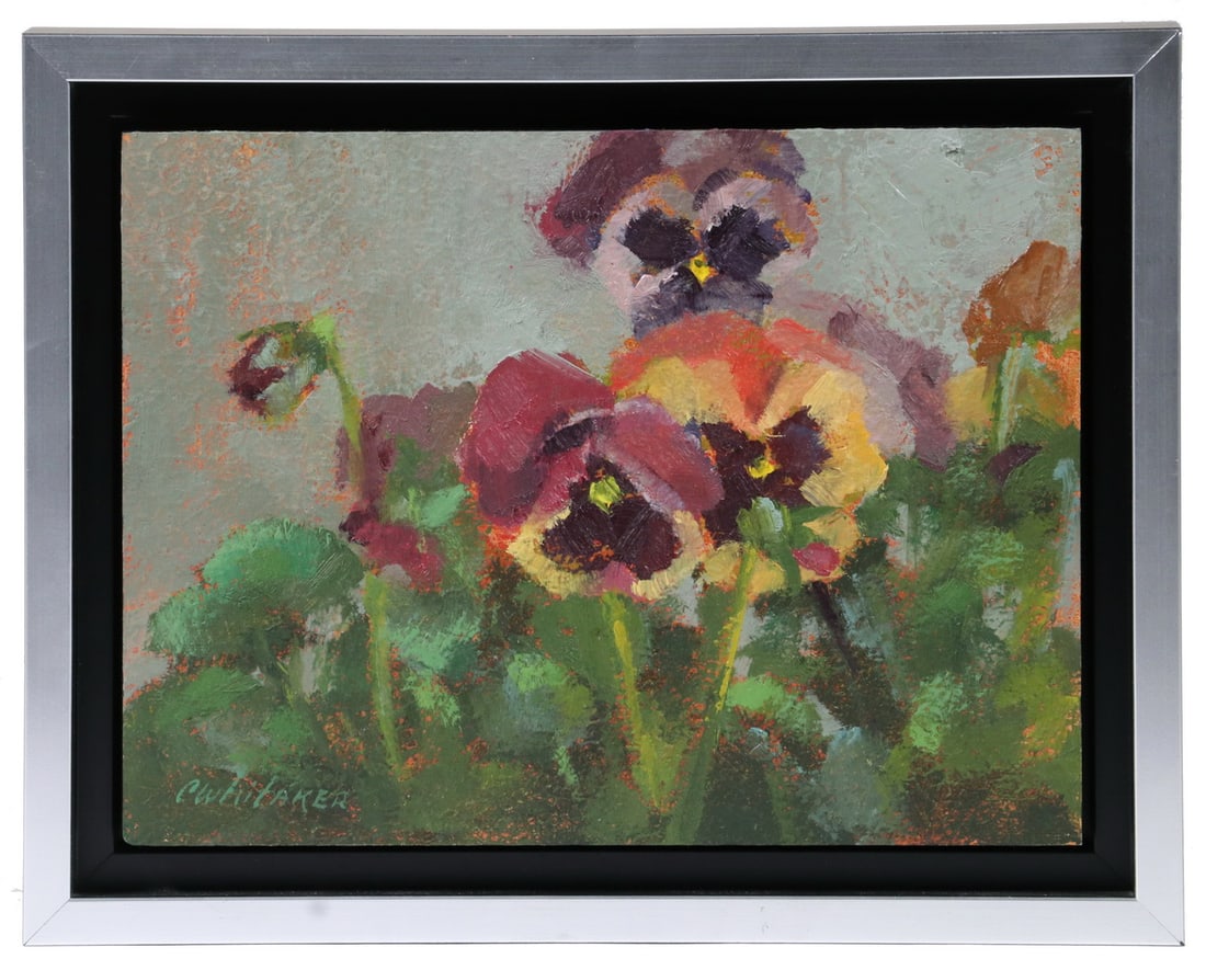 CAROLYN WHITAKER (ME/CA,1949-2018): CAROLYN WHITAKER (ME/CA,1949-2018) Pansies, oil on hardboard, signed lower left, housed in a silver edged black box frame with shadowline, OS: 7 1/2" x 9 1/2", SS: 6" x 8". Fine condition.
