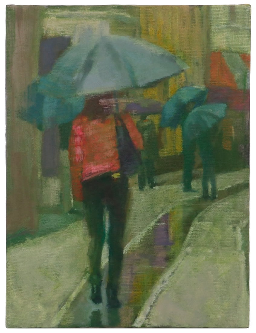 CAROLYN WHITAKER (ME/CA,1949-2018): CAROLYN WHITAKER (ME/CA,1949-2018) Rainy Day in Portland, Maine, version two, oil on canvas, unsigned, unframed, 16" x 12". Fine condition.