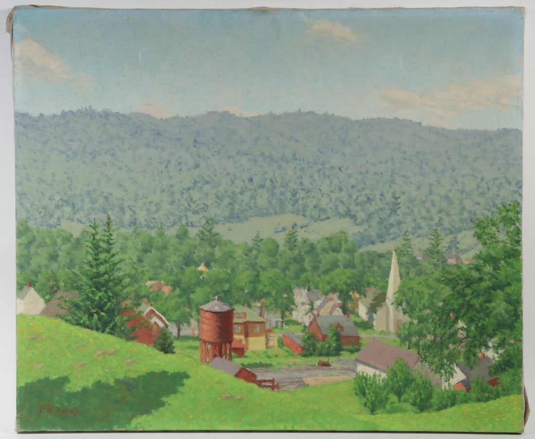 FRANK R. POPE (NY, 20TH C.): FRANK R. POPE (NY, 20TH C.) Peaceful Country Village, oil on canvas, signed lower left, depicting a small northeastern town surrounded by woods, Frank Pope was a member of the Albany Artist Group