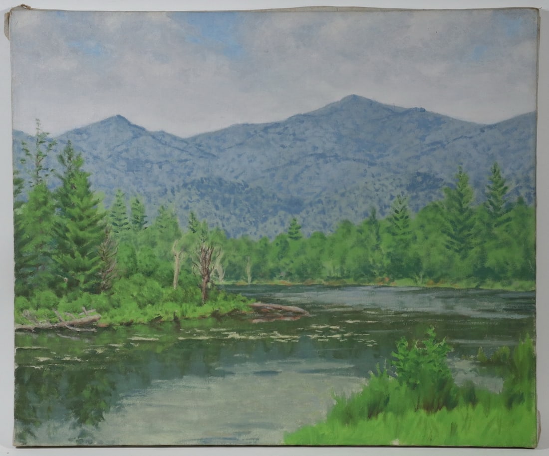FRANK R. POPE (NY, 20TH C.): FRANK R. POPE (NY, 20TH C.) River"s Edge, oil on canvas, unsigned, depicting a meandering river with green mountains in the distance, Frank Pope was a member of the Albany Artist Group from 1961-63,