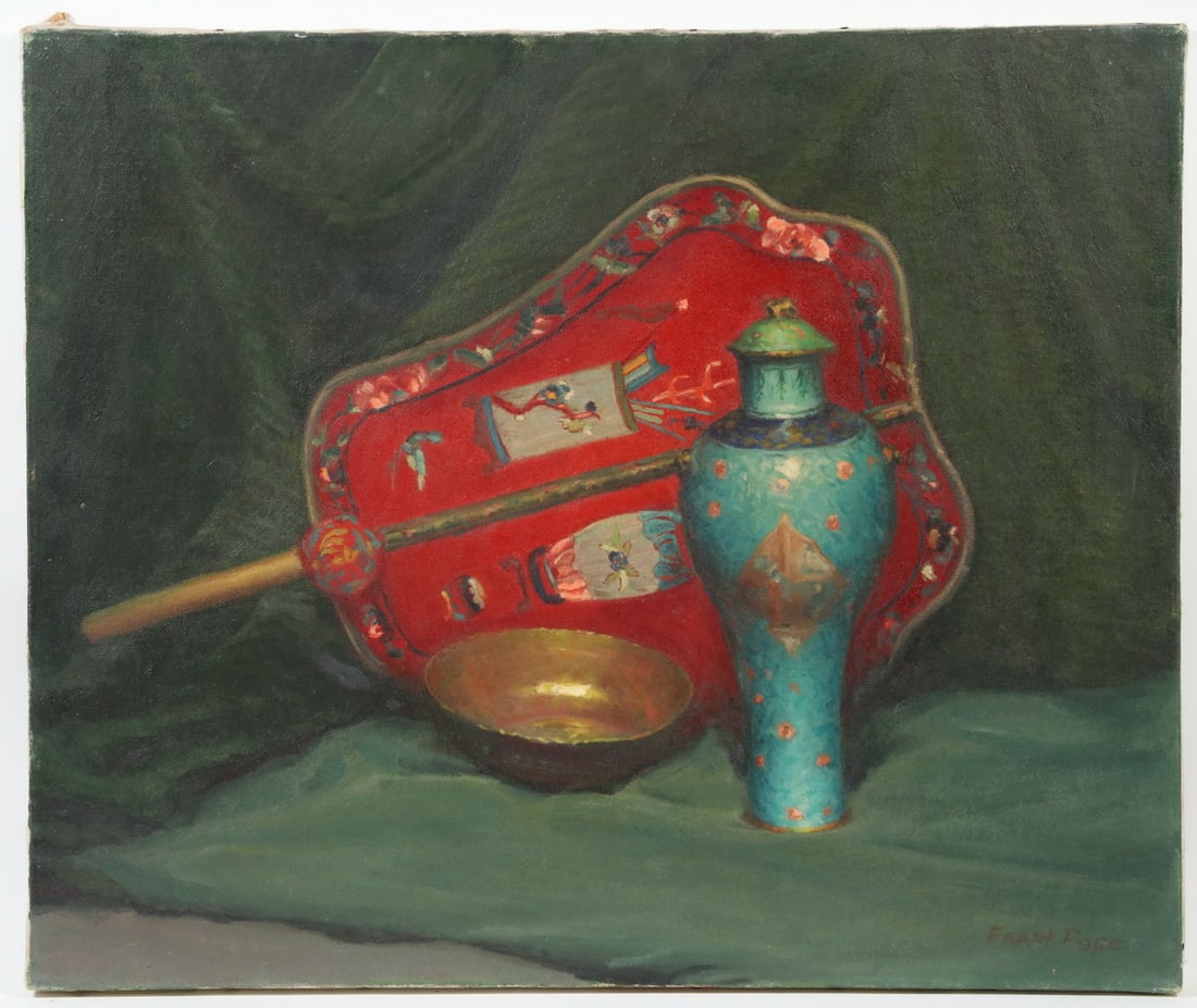 FRANK R. POPE (NY, 20TH C.): FRANK R. POPE (NY, 20TH C.) Still Life - "Red, Blue and Gold", oil on canvas, signed "Frank Pope" lower right, titled with artist's name and address on label verso, depicting a Chinese fan, bowl and