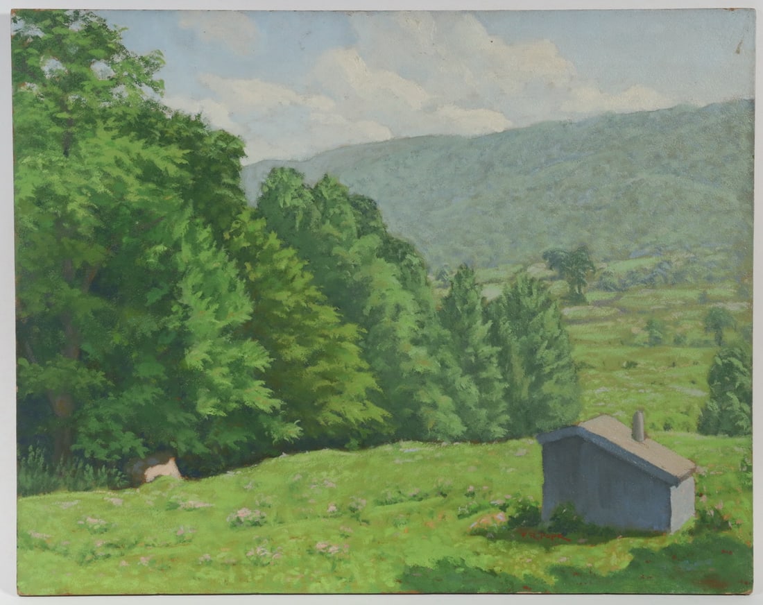 FRANK R. POPE (NY, 20TH C.): FRANK R. POPE (NY, 20TH C.) Shed near the Woods, oil on Upson board, unsigned, depicting a slant lid shack near a grove of pine trees, Frank R. Pope was a member of the Albany Artist Group from
