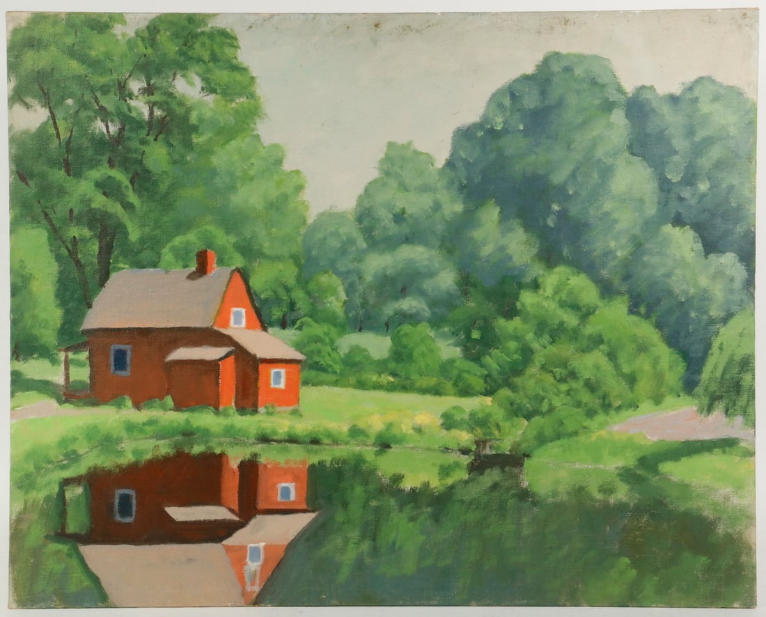 FRANK R. POPE (NY, 20TH C.): FRANK R. POPE (NY, 20TH C.) Red Cottage in Summer, oil on canvas board, unsigned, depicting a small country house by a pond, Frank R. Pope was a member of the Albany Artist Group from 1961-63,