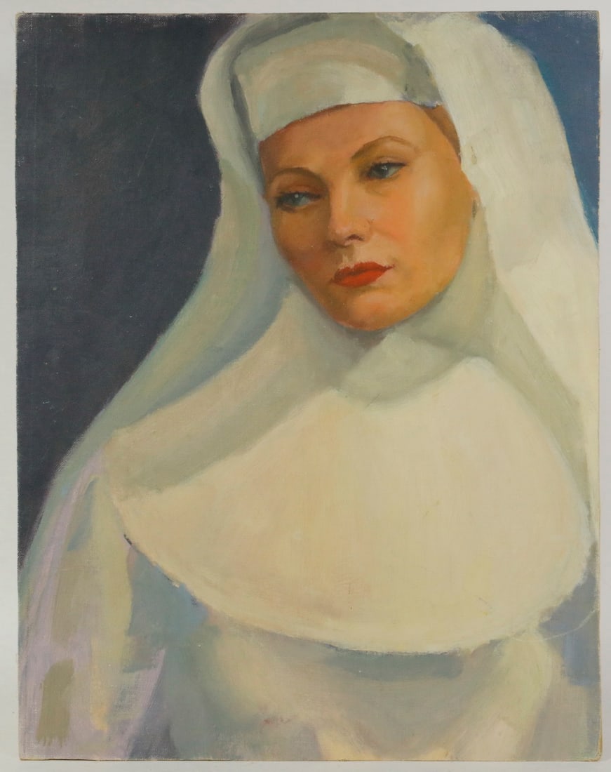 FRANK R. POPE (NY, 20TH C.): FRANK R. POPE (NY, 20TH C.)"Sister in White", oil on canvas board, unsigned, titled on a label verso, depicting a pensive nun in white habit, Frank R. Pope was a member of the Albany Artist Group from