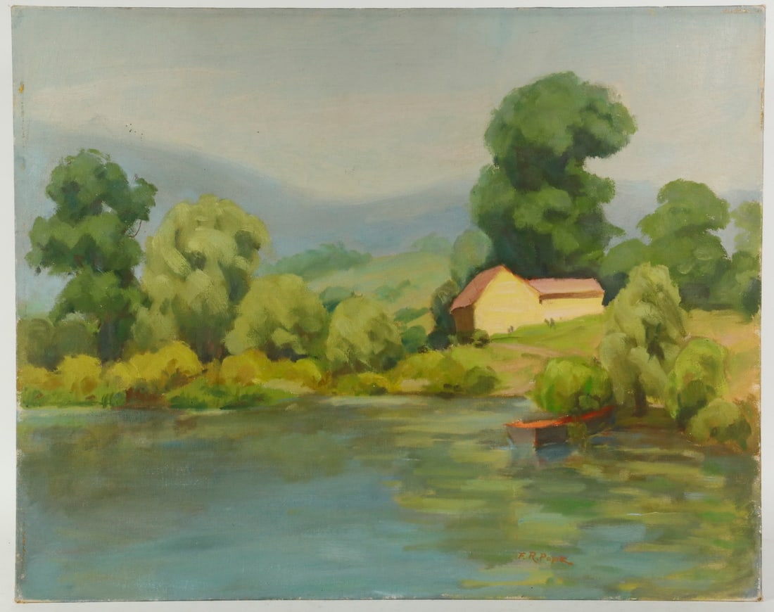 FRANK R. POPE (NY, 20TH C.): FRANK R. POPE (NY, 20TH C.)"July Day, Hamburg, Conn.", oil on canvas board, signed lower right, titled on label verso, depicting a house by a pond with rowboat in summer, Frank R. Pope was a member of