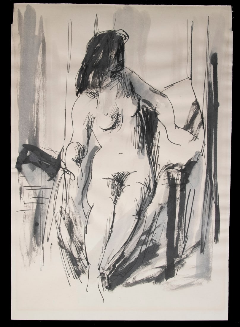 INK DRAWING OF FEMALE NUDE INITIALED WITH STAMP 'HW' VERSO, NUMBERED 'D42' (1 of 3)