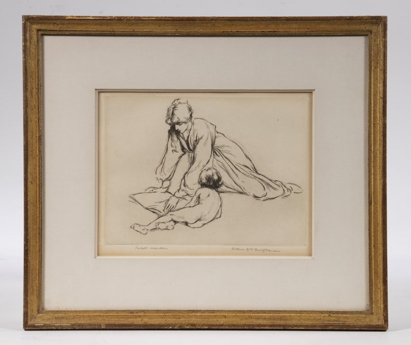 ARTHUR WILLIAM HEINTZELMAN (MA/CA/NJ, 1891-1965): ARTHUR WILLIAM HEINTZELMAN (MA/CA/NJ, 1891-1965)Mother and Child with Book, etching, pencil signed and marked "Private collection", label verso from Far Gallery, 746 Madison Avenue, NYC; in gilt molde