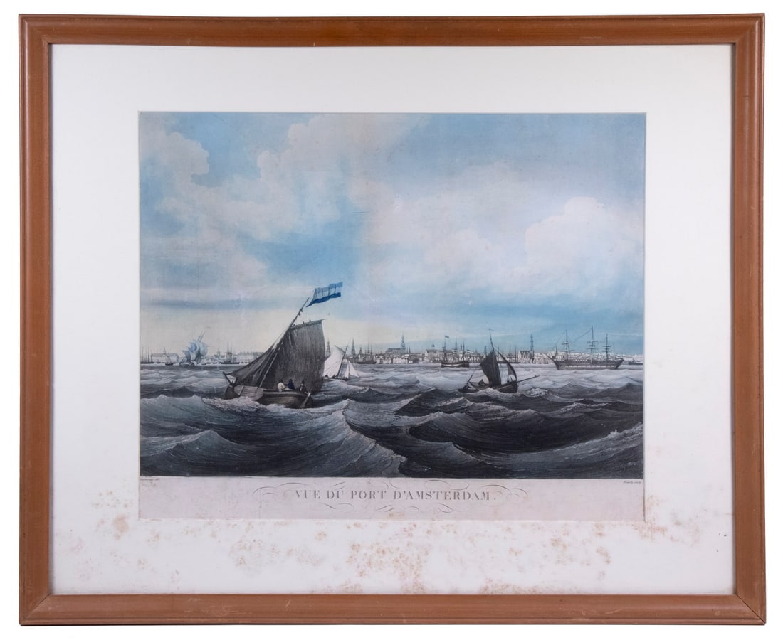 19TH C. CITY PANORAMA OF AMSTERDAM: 19TH C. CITY PANORAMA OF AMSTERDAM "Vue du Port d'Amsterdam" after Ambroise Louis Garneray (France, 1783-1857), in cherry frame, matted under glass, OS: 21" x 26", SS: 14" x 17 1/2". Foxing at bottom.
