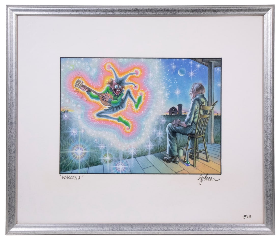FREDERIC GALACAR (CONTEMPORARY MA): FREDERIC GALACAR (CONTEMPORARY MA) "Star Gazer", a Jester appearing in front of an old man on his farm, signed, titled and marked as #3 artists proof, digital print from original mixed media