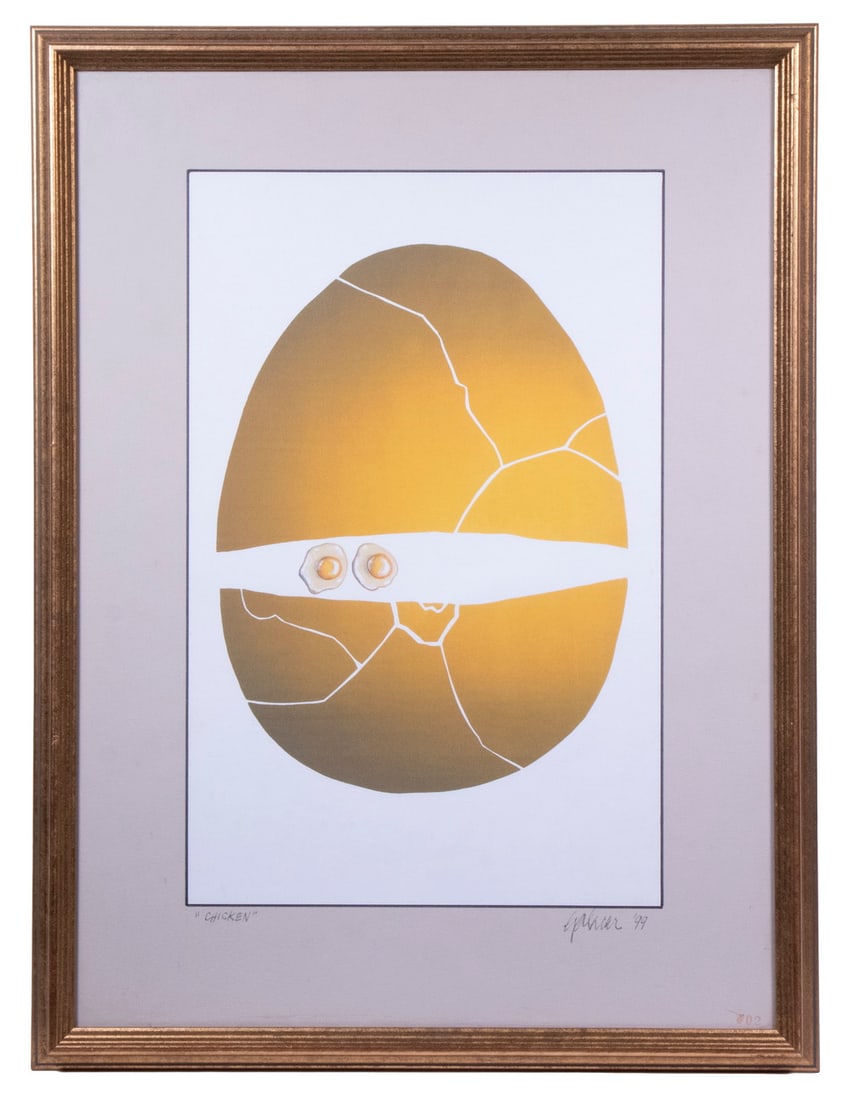 MARY (MOLLY) HODGES HENSHAW (MA/ME, 1947-2018): MARY (MOLLY) HODGES HENSHAW (MA/ME, 1947-2018) "Chicken", litho on paper, pencil signed, titled and dated '99, in gold ribbed frame, matted under UV glass, OS: 23 1/2" x 17 1/2", SS: 16 1/2" x 11".