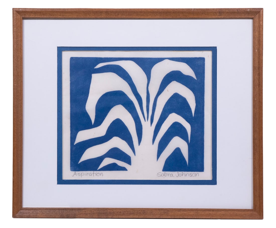 SABRA JOHNSON FIELD (CONTEMPORARY MAINE): SABRA JOHNSON FIELD (CONTEMPORARY MAINE) "Aspiration", linocut print, pencil signed and titled, in stick frame, matted under glass, OS: 11" x 13", SS: 7" x 8".