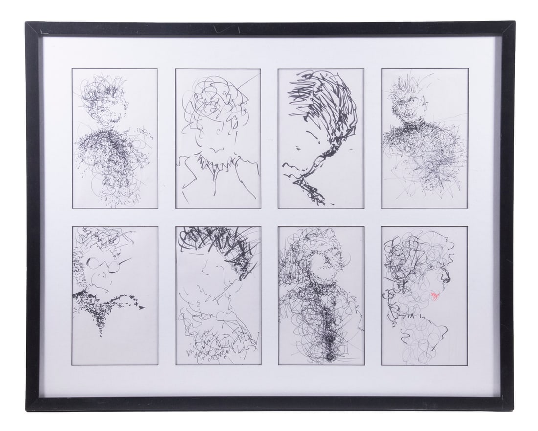UINIDENTIFIED LATE 20TH C. GRAPHIC ARTIST, (8) IMAGES IN ONE FRAME: UINIDENTIFIED LATE 20TH C. GRAPHIC ARTIST, (8) IMAGES IN ONE FRAME Croakie Bust Portraits, ink and graphite on paper, unsigned, lower second from left is inscribed "Enjoy your good luck when it comes