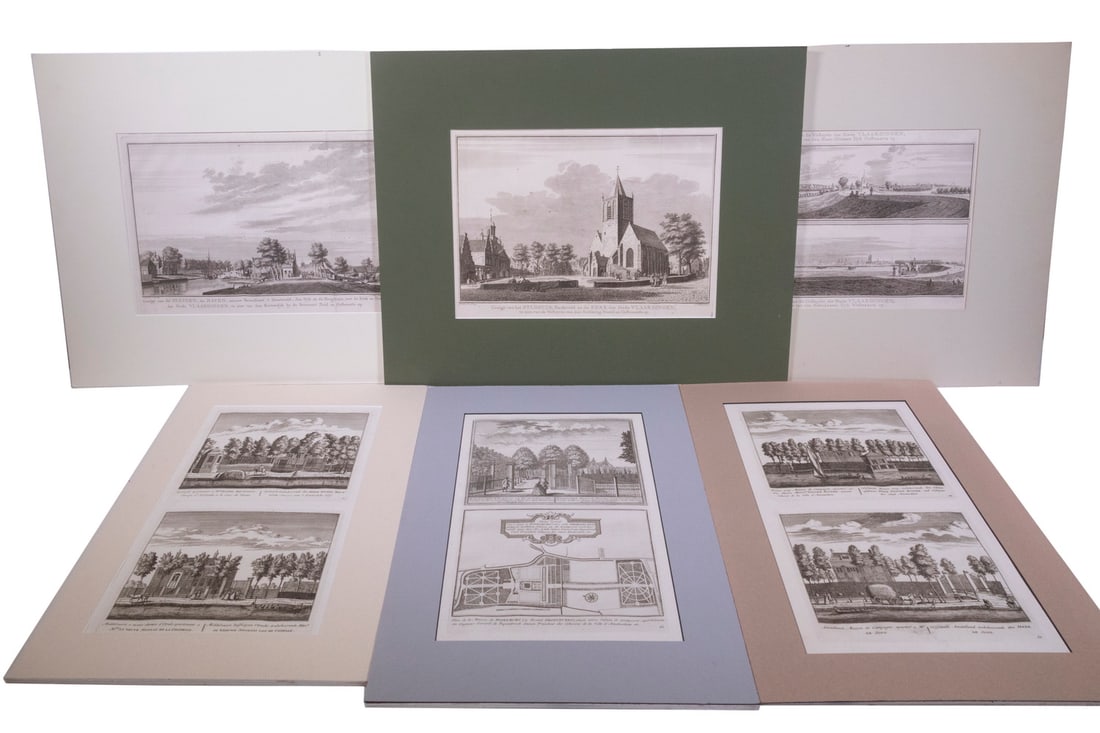 (6) MID-18TH C. DUTCH LANDSCAPE ENGRAVINGS & A VIEW OF AMHERST COLLEGE: (6) MID-18TH C. DUTCH LANDSCAPE ENGRAVINGS & A VIEW OF AMHERST COLLEGE Including: (4) two-window mats holding 18th c. Dutch engravings, exterior architecture, 6 3/4" x 8" impressions, 19" x 13" mats;