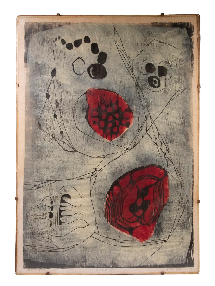 RUTH LAXSON (GA, 1924-2019): RUTH LAXSON (GA, 1924-2019)"Metamorphosis", 1968, woodblock print, signed and titled in the lower margin, numbered 15/15, under Plexiglas clamped over a stretcher, 32 1/2" x 23", edge soiling.
