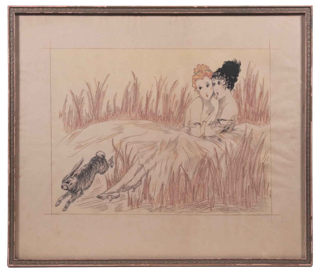 CHARMING MIXED MEDIA DRAWING: CHARMING MIXED MEDIA DRAWING Two Young Women Startled by a Rabbit, ink and crayon, unsigned, in a carved and gilded wooden stick frame, glazed, OS: 17" x 20". Toned.