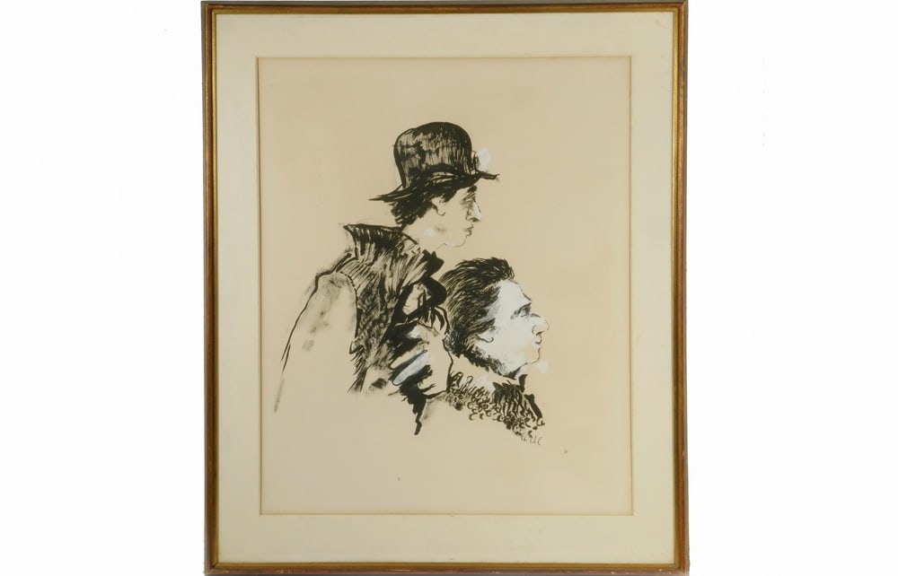RICHARD GIBSON WEDDERSPOON (NJ/PA, 1889-1976): RICHARD GIBSON WEDDERSPOON (NJ/PA, 1889-1976)The Odd Couple, gouache on illustration board, unsigned, but with the artist"s Pennsylvania Academy stamp verso, in mitered box frame with gilt liner, matt