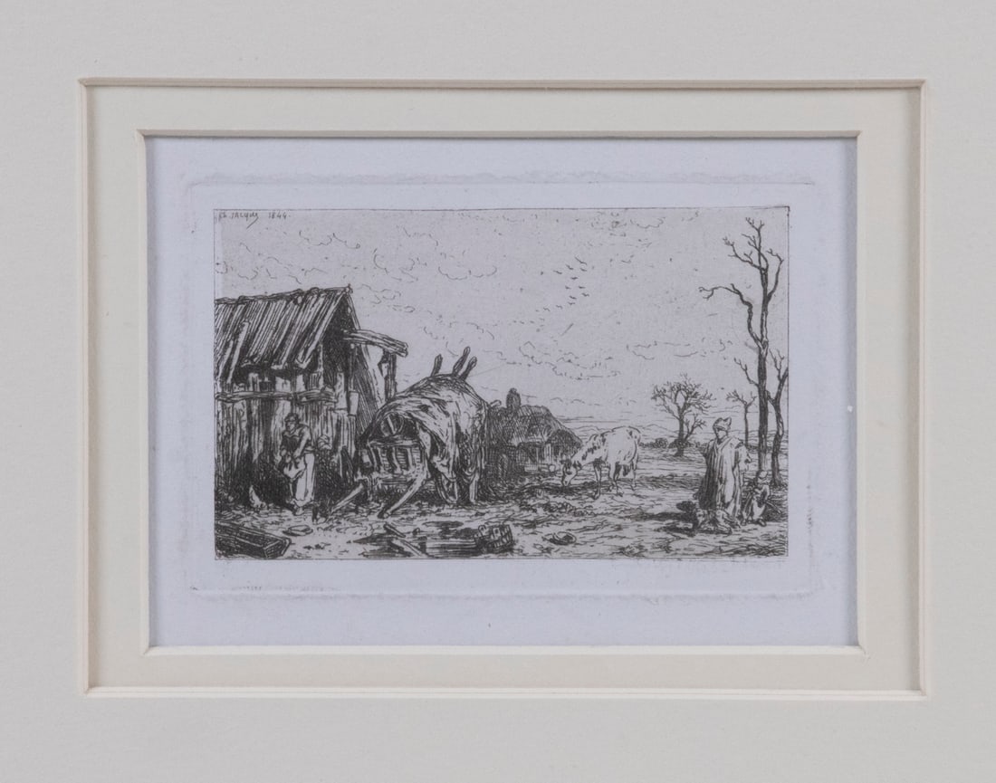CHARLES EMILE JACQUE (FRANCE, 1813-1894): CHARLES EMILE JACQUE (FRANCE, 1813-1894)Miniature View of a Ramshackle Ancient Farmyard, with man, woman and dog; etching on paper, unsigned, in a mahogany stick frame, museum mount under mat, glass,