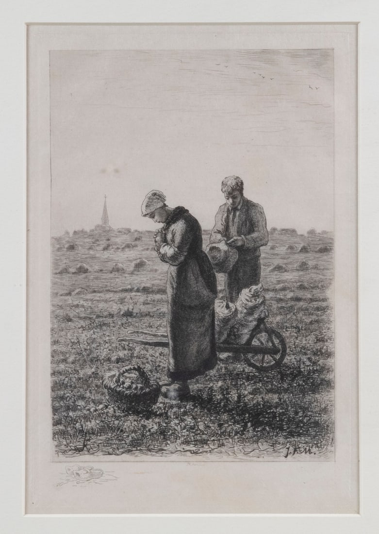 A.P. MARTIAL (1827-1883) AFTER JEAN-FRANCOIS MILLET (FRANCE, 1814-1875): A.P. MARTIAL (1827-1883) AFTER JEAN-FRANCOIS MILLET (FRANCE, 1814-1875)"The Angelus", etching, initialed lower right, with remarque of clogs in lower margin, housed in gold and black stick frame, matt