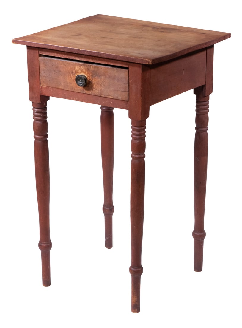 CHERRY ONE-DRAWER STAND: CHERRY ONE-DRAWER STAND Country Sheraton Stand, having a single drawer with brass pull, set on turned legs. Top repair. OS: 28 x 17 1/2 x 15 1/2 in. (71.1 x 44.5 x 39.4 cm.)