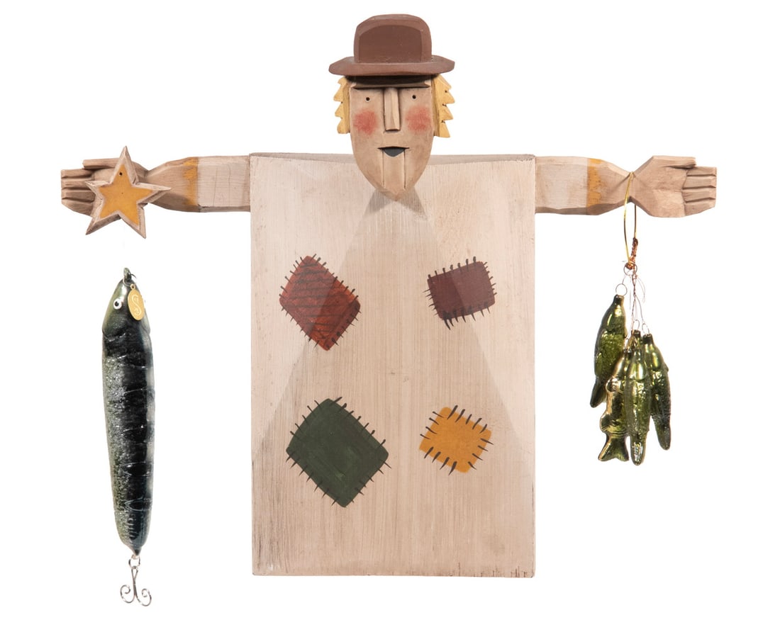 CHRIS FLESHER (CONTEMPORARY; CONIFER, COLORADO): CHRIS FLESHER (CONTEMPORARY; CONIFER, COLORADO) Folk Art Fisherman's Tale Figure, carved and painted wood with glass lures, signed on back and dated '93. Size: 11 x 2 x 12 1/2 in. (27.9 x 5.1 x 31.8