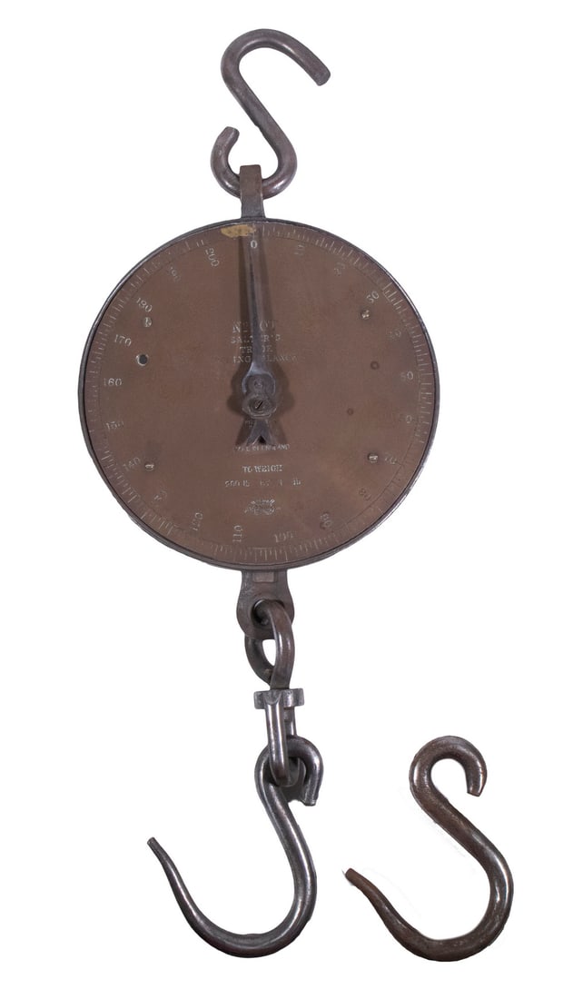 SALTER'S TRADE SPRING BALANCE SCALE NO. 20T: SALTER'S TRADE SPRING BALANCE SCALE NO. 20T Early 20th c. English Hanging Scale, 200-lb capacity, with round brass plate, steel hanging hooks. OS: 25 x 9 1/4 in. (63.5 x 23.5 cm.)