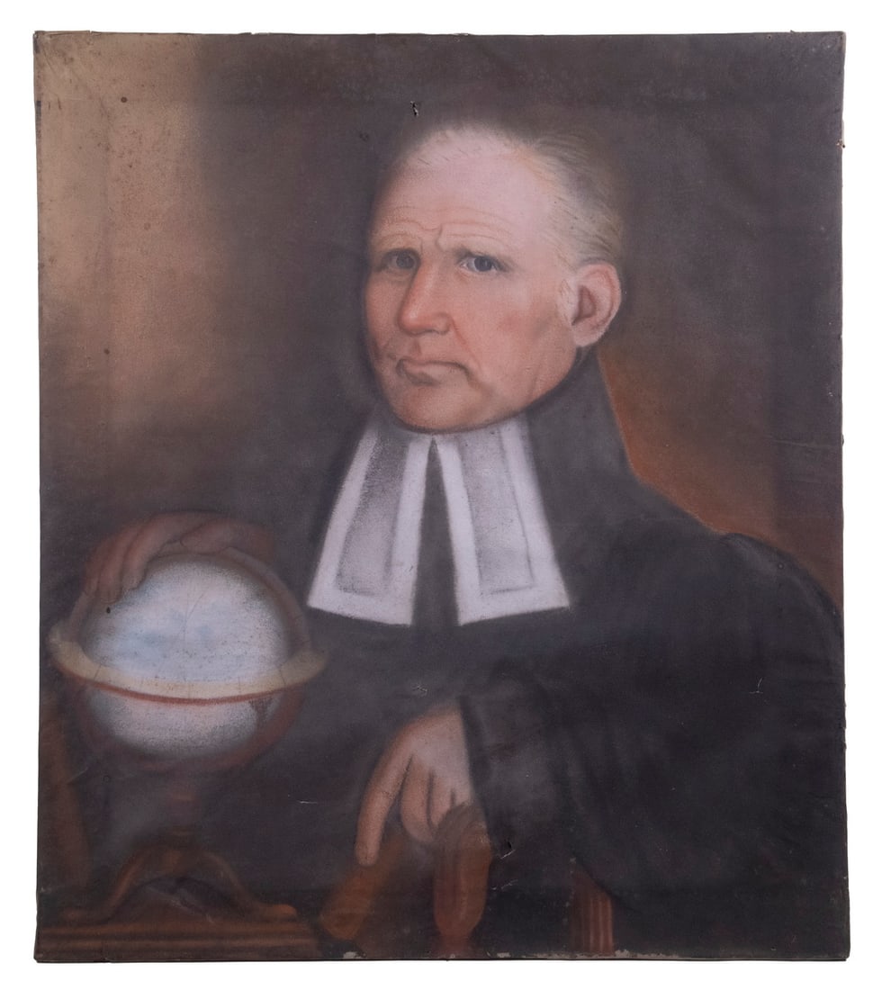 CIRCA 1825 PASTEL PORTRAIT OF REV. PITT CLARKE OF NORTON, MASS., UNFRAMED: CIRCA 1825 PASTEL PORTRAIT OF REV. PITT CLARKE OF NORTON, MASS., UNFRAMED Bust Portrait of White Haired Gent with hand resting, with furrowed brow and pursed lips, in a clerical robe with linen