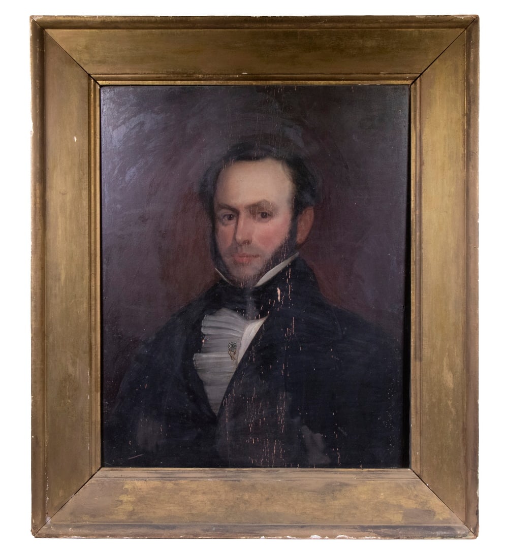 1840'S AMERICAN PORTRAIT OF A GENT: 1840'S AMERICAN PORTRAIT OF A GENT A Successful Middle-aged Businessman with ruffled shirt front having gold and pearl pin, oil on panel, unsigned, in the original gold painted mitered frame. Bowed,